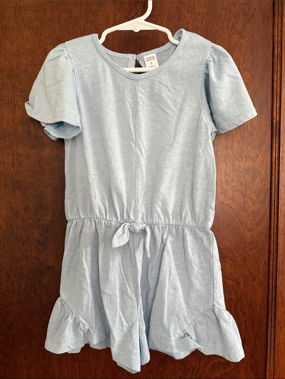 Harper Canyon Pale Blue Short Sleeve Tie-Waist Ruffle Hem Romper